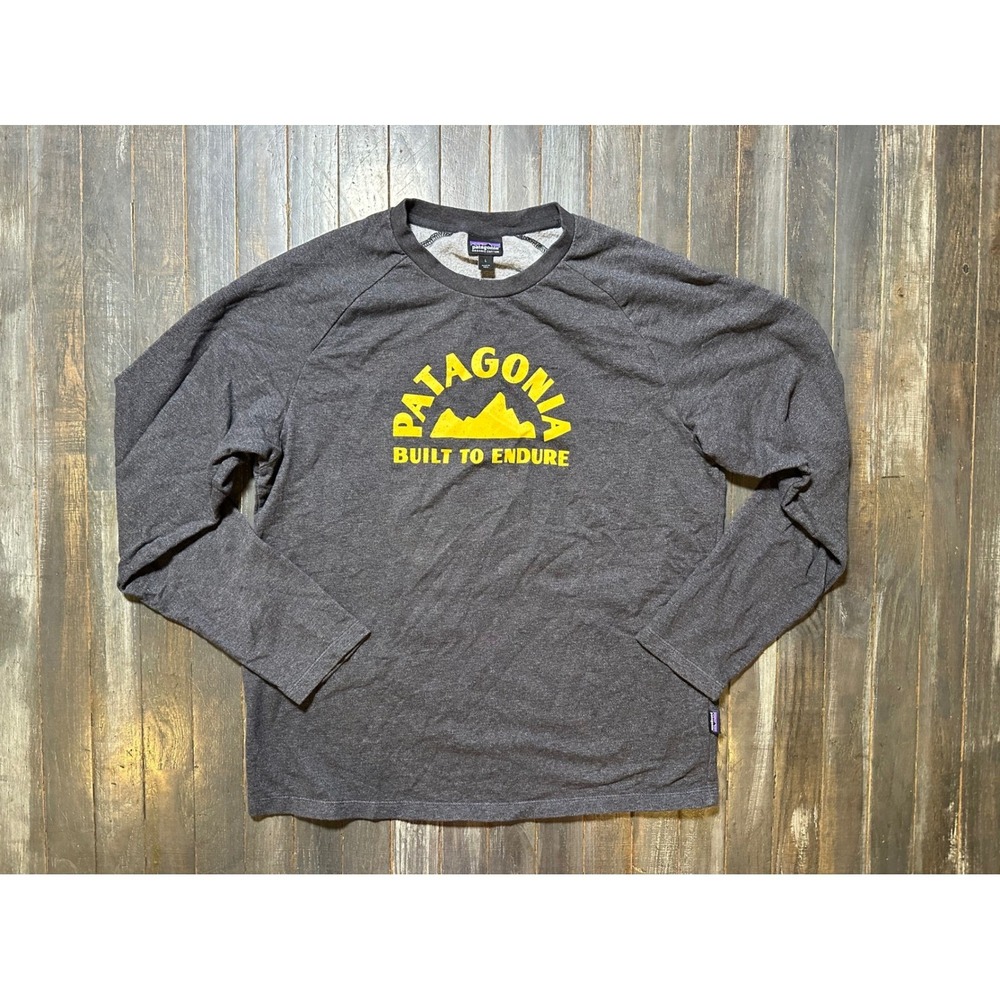 Patagonia‎ Mens Long Sleeve Graphic T-Shirt Sweat Shirt Gray Built To Endure